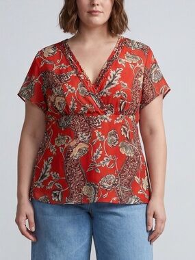 Bellissimo flutter-sleeve Chiffon blouse floral paisley faux-wrap V-neck Boho